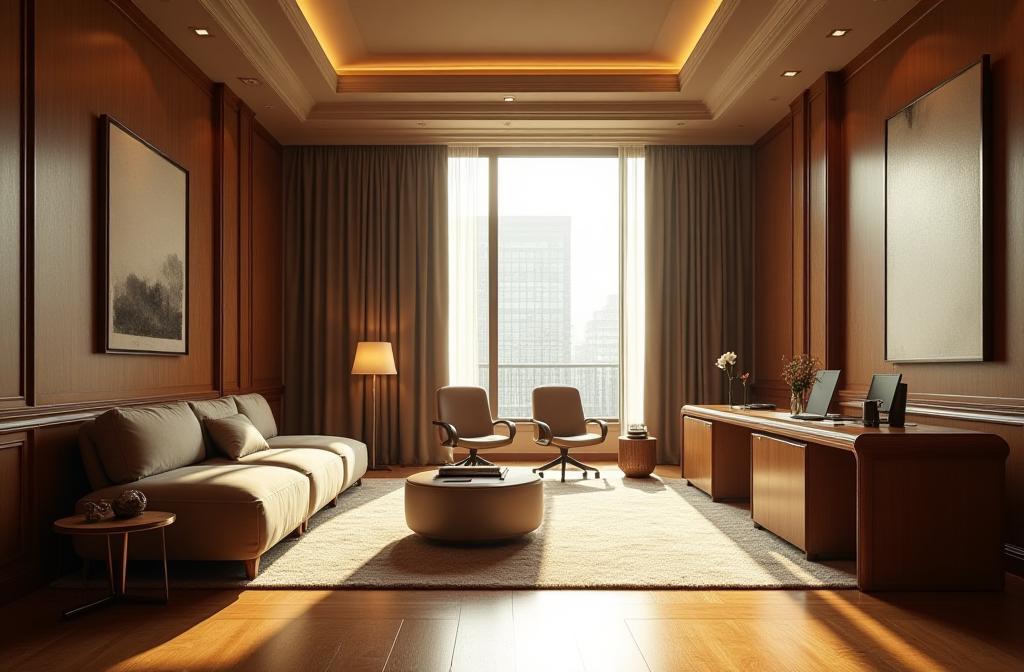 Luxurious executive office space with high-end furniture, representing contest prize.